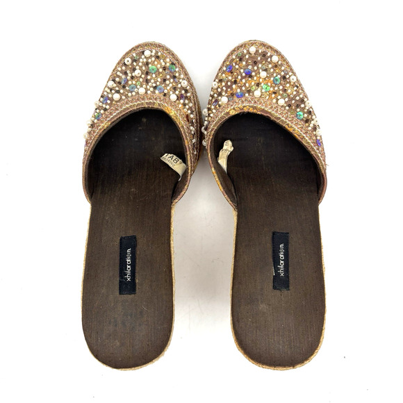 Vintage 90s Y2K Xhilaration Brown Satin Beaded Sequin Espadrille Wedge Heels 6 - Picture 9 of 16
